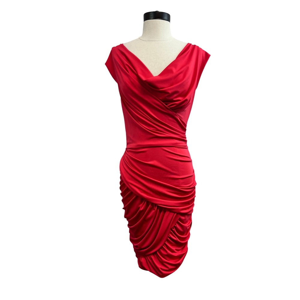 Vera Wang Lavender Label Dress Women Red Excellent Ruched Cowl Neck Jersey